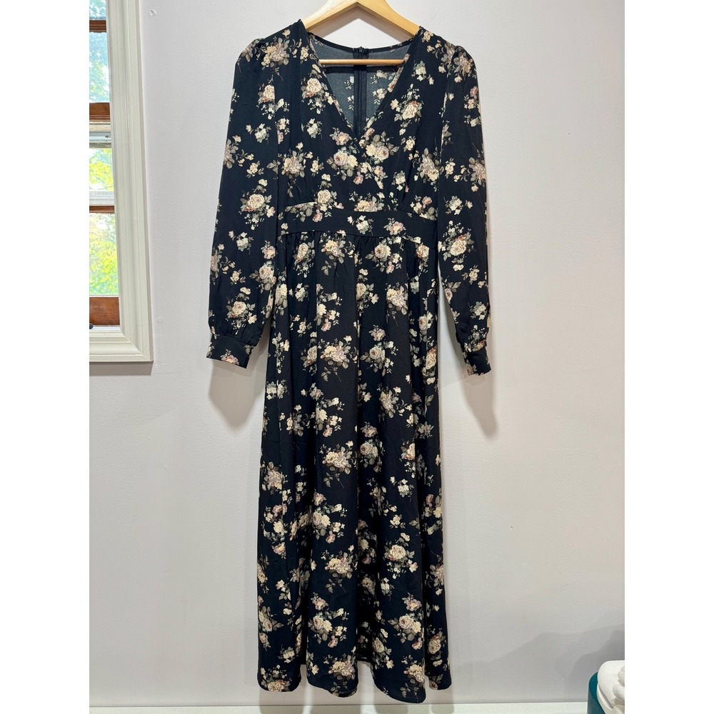 Black Floral Maxi Dress Long Cuff Sleeve V-Neck Faux Wrap Cottagecore XS 2